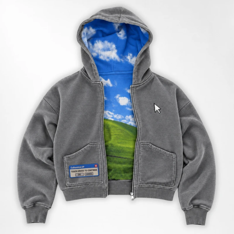 Y2K Retro Bliss Zip Hoodie XP Operating System Print Pattern Sweatshirt American Fashion Casual Streetwear Unisex Boxy Clothing