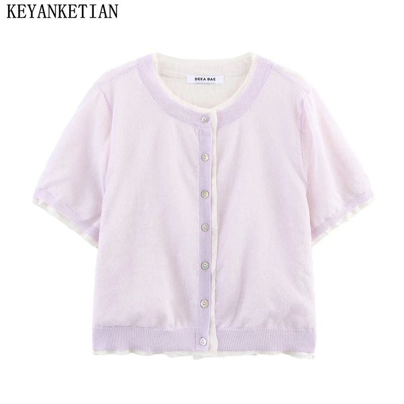 

KEYANKETIAN Summer new women short sleeved round neck single breasted double-layer knitted cardigan women fake two-piece sweater