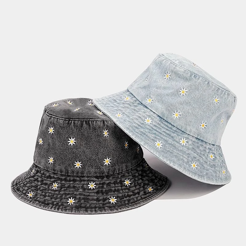 Daisy Embroidered Denim Bucket Hat Women Washed Vintage Fisherman Cap Casual Sun Hat for Summer
