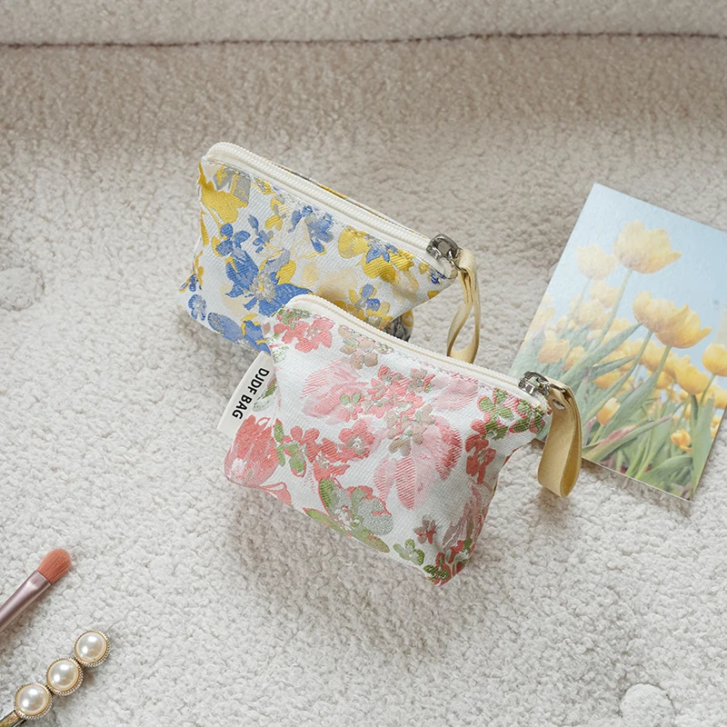 Floral small coin purse portable women\'s makeup bag zipper double layer design lipstick envelope cosmetics key storage bag