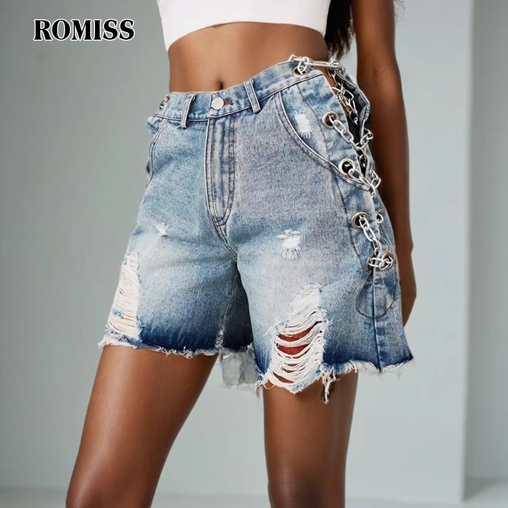 ROMISS Solid Denim Shorts For Women High Waist Patchwork Chain Temperament Casual Loose Sexy Short Panst Female Summer New