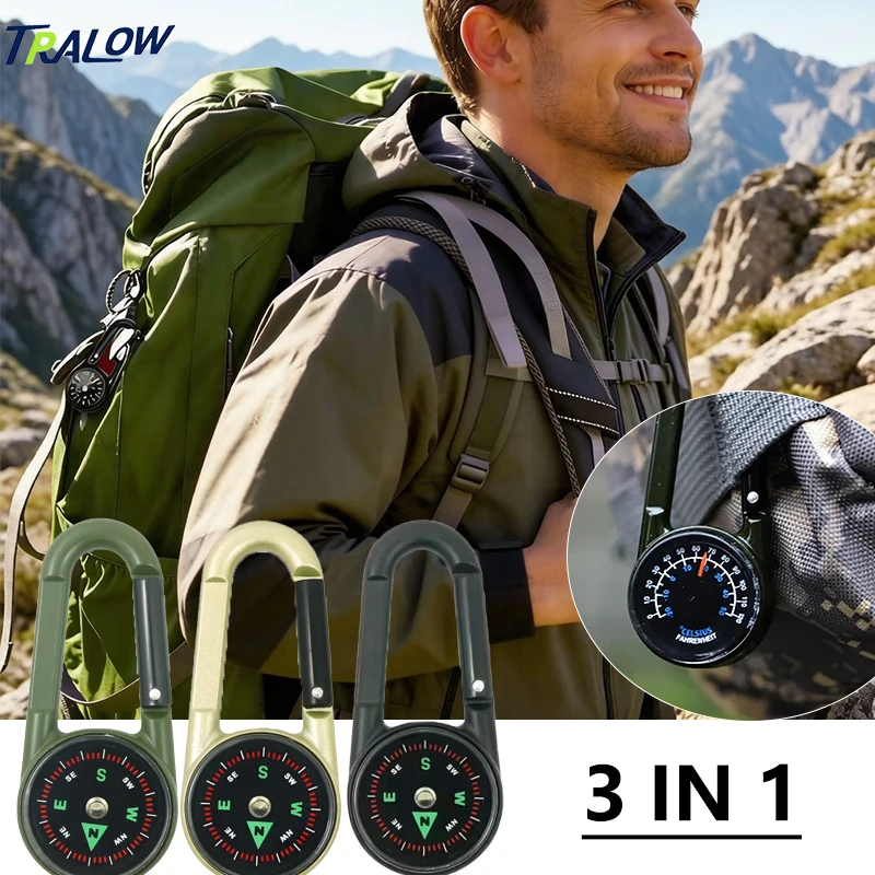 

TRALOW 3-in-1 Mini Compass Carabiner Double Sided Compass Thermometer for Hiking, Camping, Outdoor Survival Tool Accessories