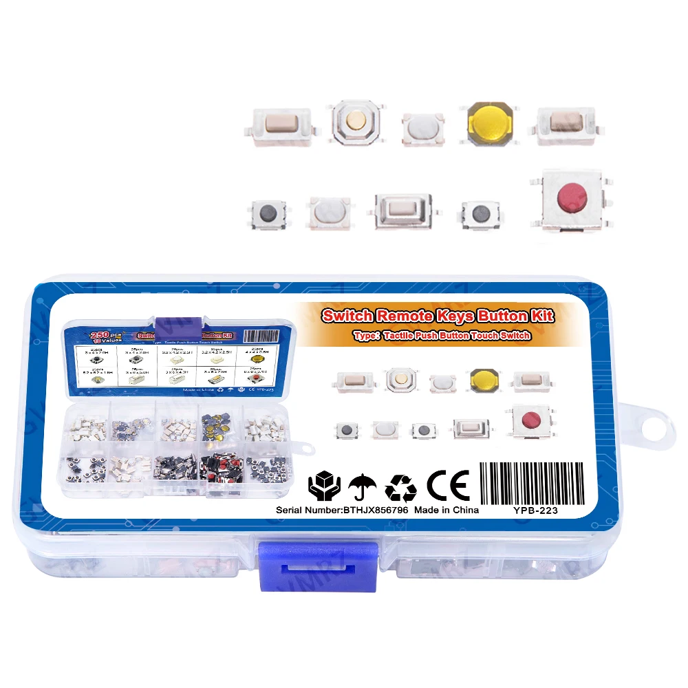 250PCS Car Remote Control Switch Repair Micro Tactile Tact Push Button Switch Assorted Kit 2P 4Pin SMD PCB Momentary Self-reset