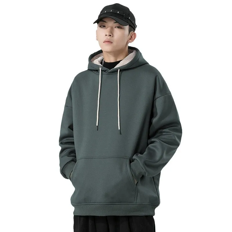 Mens Fleece Hoodie Autumn Winter  Street Fashion Big Pocket Jacket Thickened Fleece Crewneck Pullove