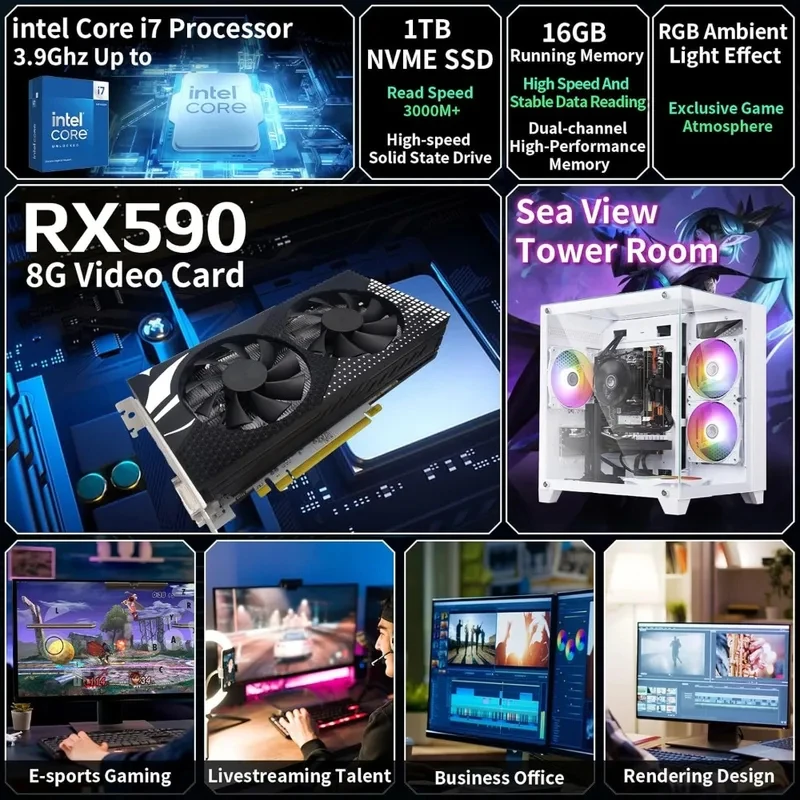 Prebuilt Gaming PC Desktop Computer,Core i7 Desktop,Operating at A Frequency of 3.4-3.9 GHz,RX590 Graphics Card