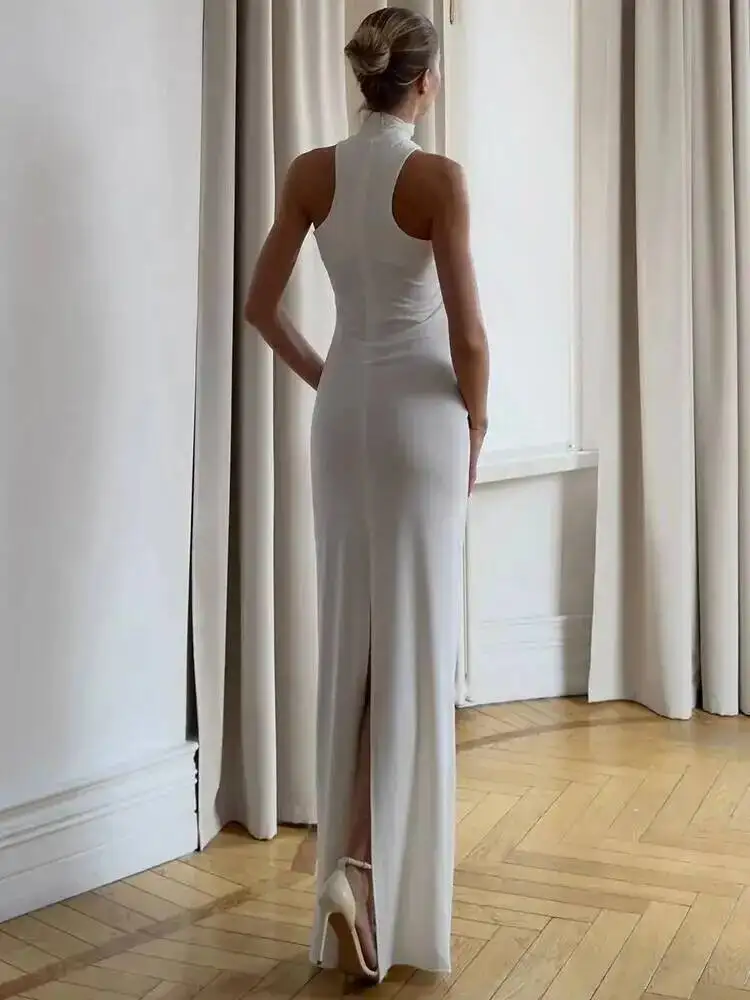 Coltrui Off-shoulder Sexy Gebreide Maxi Jurk Voor Vrouwen Jurk Metalen Gesp Strapless Mouwloze Hoge Taille Gebreide Jurk OMWW