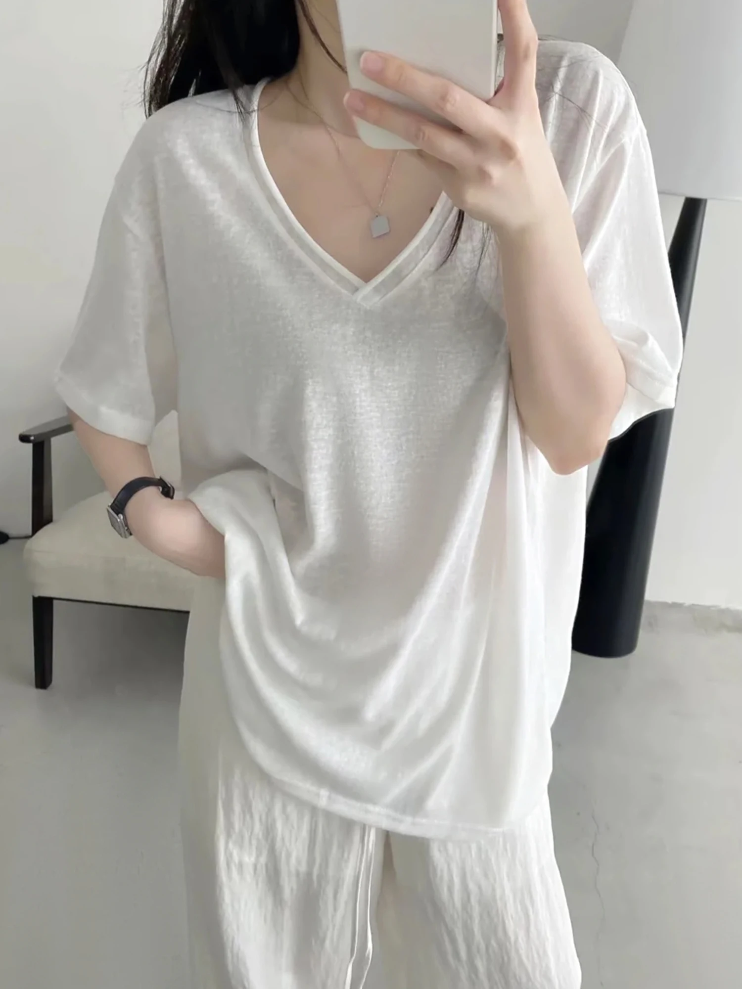 White V-Neck Cotton Linen Short Sleeve Women's T-Shirt Summer Lightweight Loose Casual Style Bamboo Fiber Top