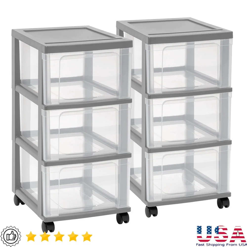 

3-Drawer Narrow Plastic Storage Cart Set of 2 Portable Organizer with Wheels Ideal Bedroom Office Dorm Room Storage