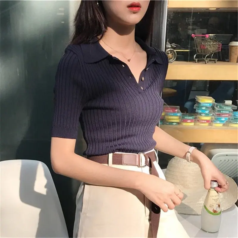 Women Casual Polo Plunge Neck Short Sleeve Knitted T-shirts Summer Female Elegant All-match Cropped Button Shirt Cotton Q512