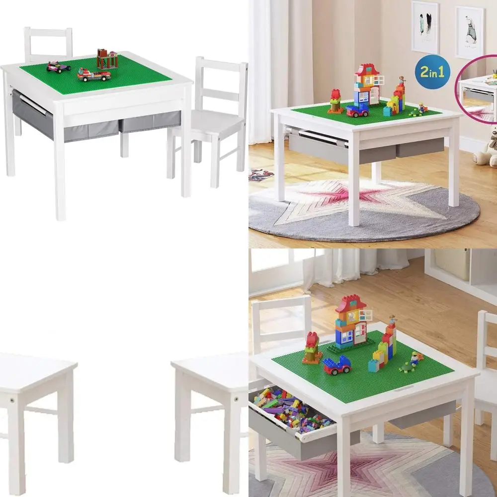 

Dual-Purpose Wooden Kids' Building Table with Storage and Chairs, Lego & Duplo Compatible (White, Grey Drawers)