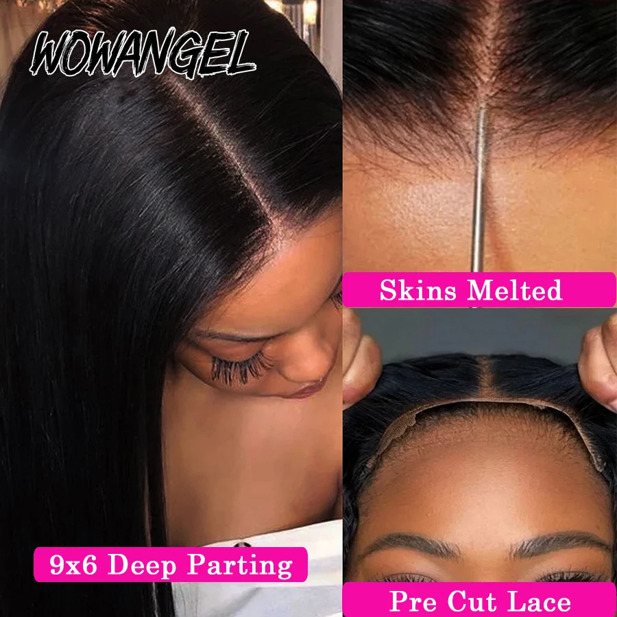 Wow Angel 9x6 HD Lace Closure Glueless Wigs 250% Straight Wigs Pre Cut Lace Ready To Wear Human Hair Wigs Pre Plucked Melt Skins