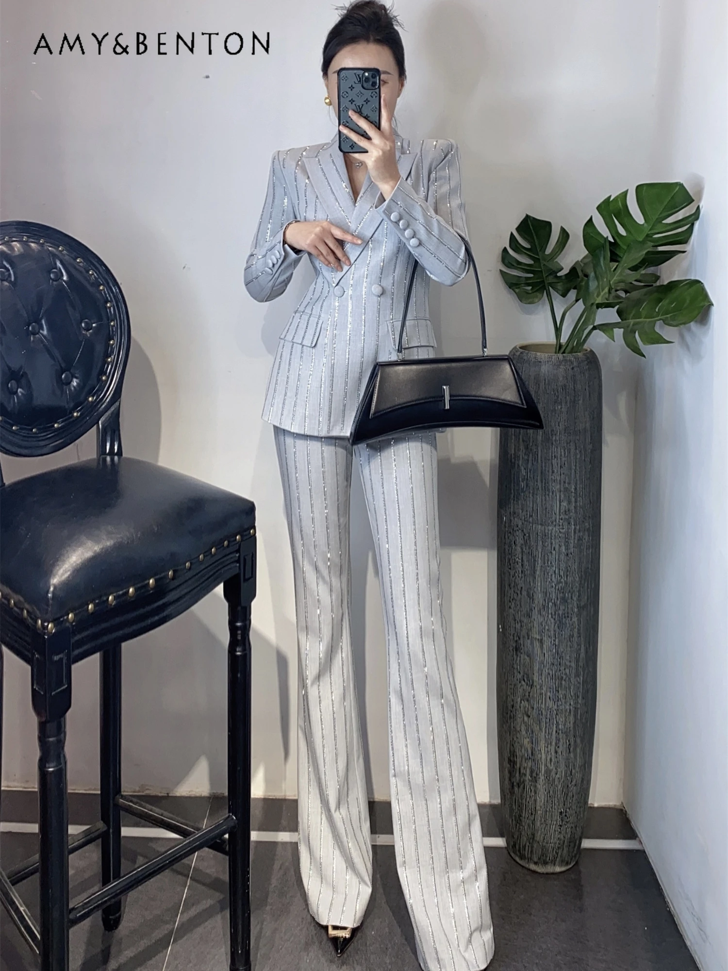 High Sense Business Suit Commute Style Heavy Industry Beads Rhinestone Cross Collar Slim Coat Straight-Leg Pants Two-Piece Set