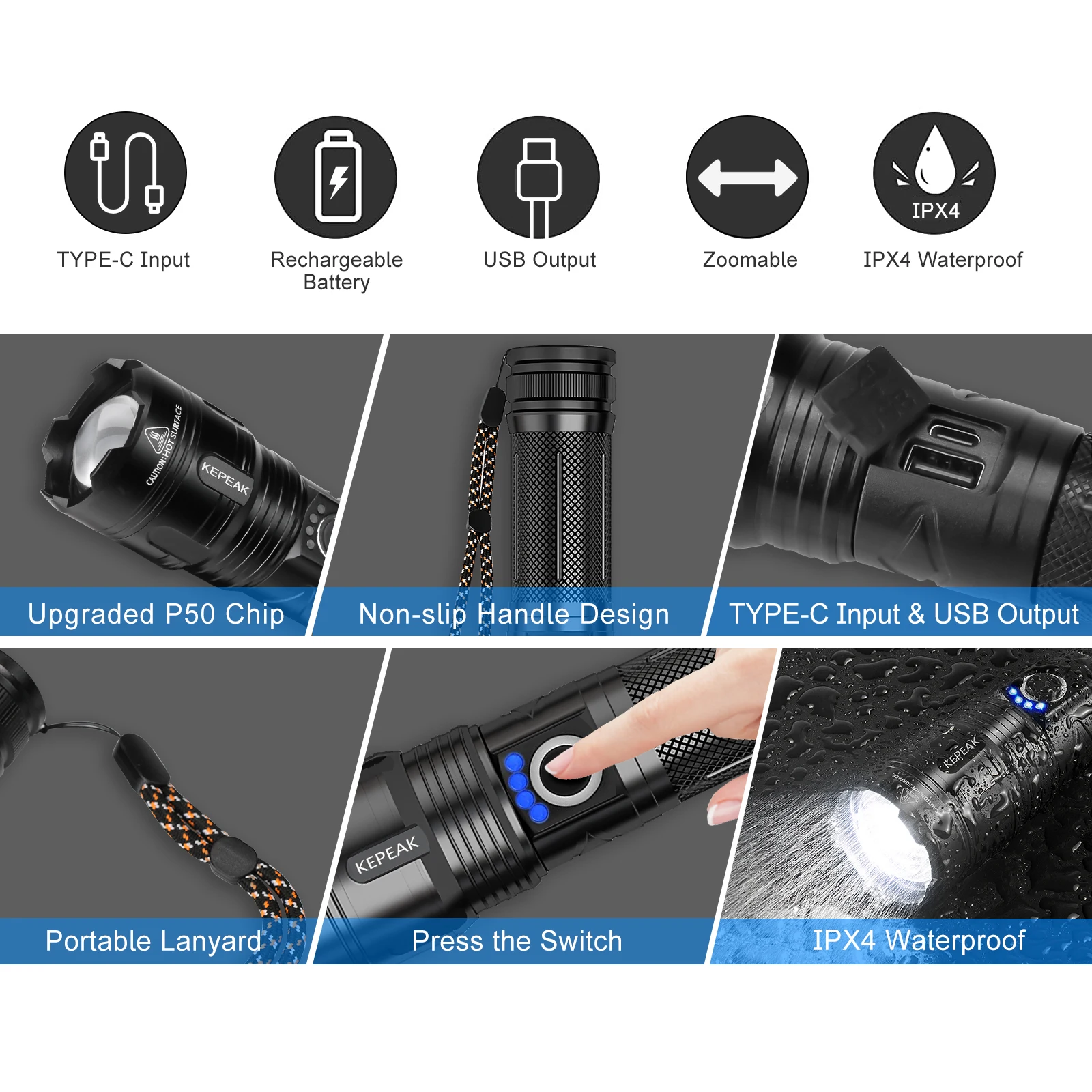 Portable Strong Light Long Range LED Flashlight USB Rechargeable 26650 Battery Outdoor Tactical Zoom Super Bright Torch Light