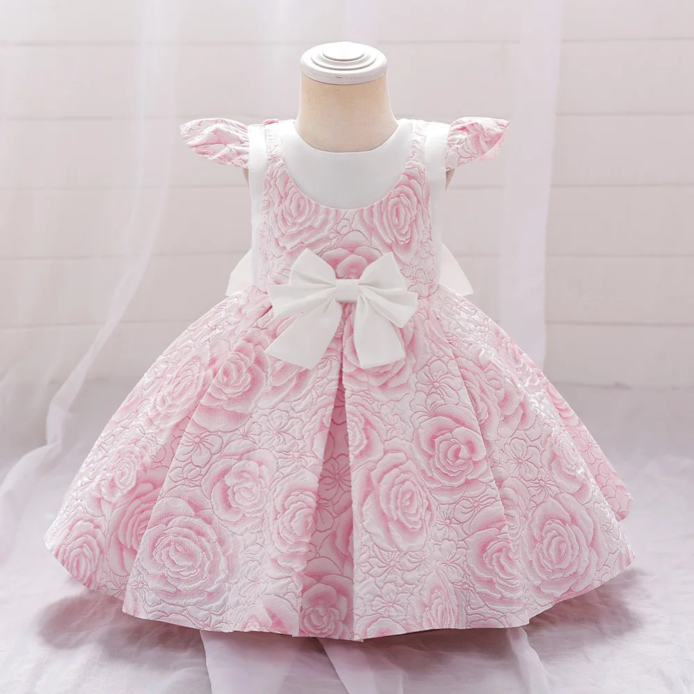 Robe de princesse à manches volantes avec nœud rose pour fille, tenue pour bébé d'un an, nouvelle collection