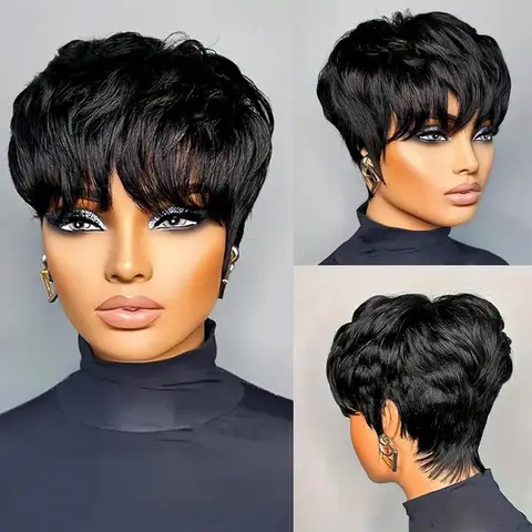Short Bob Wig For Black Women Pixie Cut Wigs Glueless synthetic Wig None Lace Front Wig With Bangs