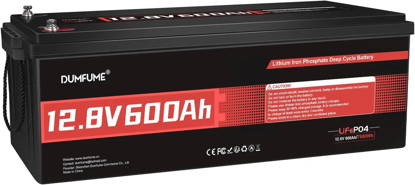 12V 600Ah LiFePO4 Lithium Battery Built 200A BMS 15000 Deep Cycle 7200Wh Low Temp Shield IP65 Waterproof Marine RV Solar System