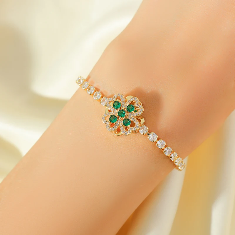 EILIECK New Fashion Stainless Steel Rotating Green Clover Zircon Necklace Bracelet Set For Women Trendy Waterproof Jewelry Gift