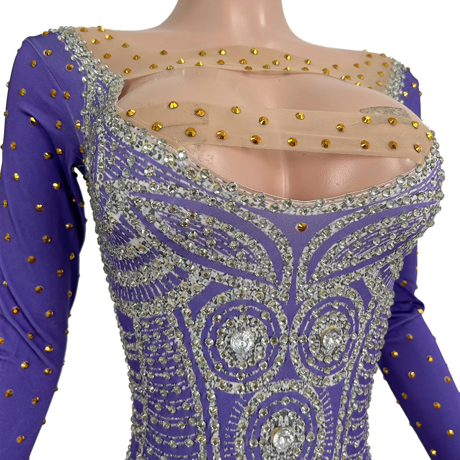 Shining Silver Rhinestone Jumpsuit Skin Tone Patchwork Mesh Hollow Top Halloween Christmas Theme Dance Party Dress zijin