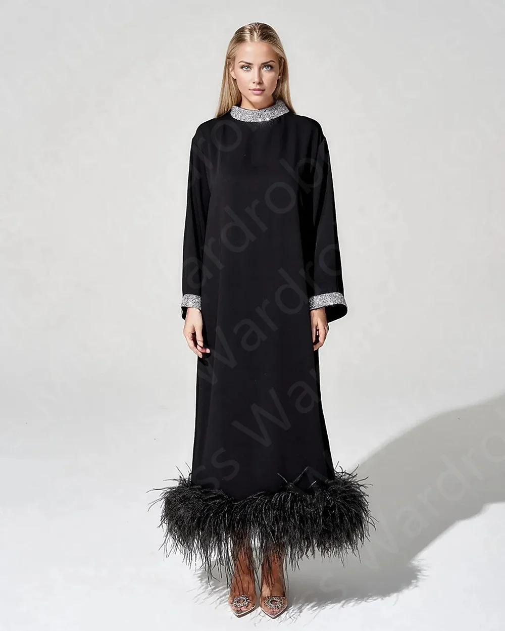 Latest Classic Black Evening Dresses 2024 Feather Dress Long Sleeve Prom Party Gowns Sequined Wedding Guest Gowns Ankle Length