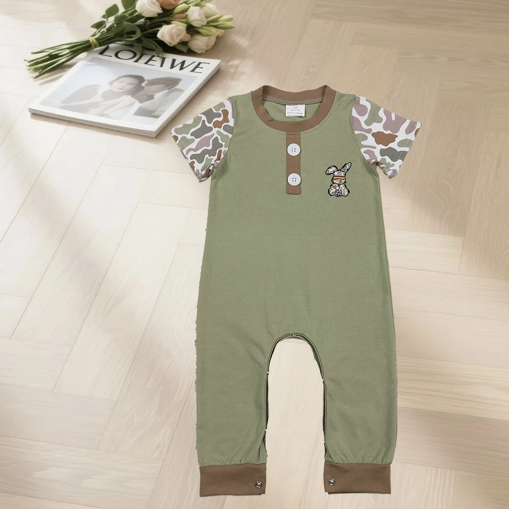 

11.27 Embroidery Camo Rabbit Baby Boys Button Easter Footie Rompers