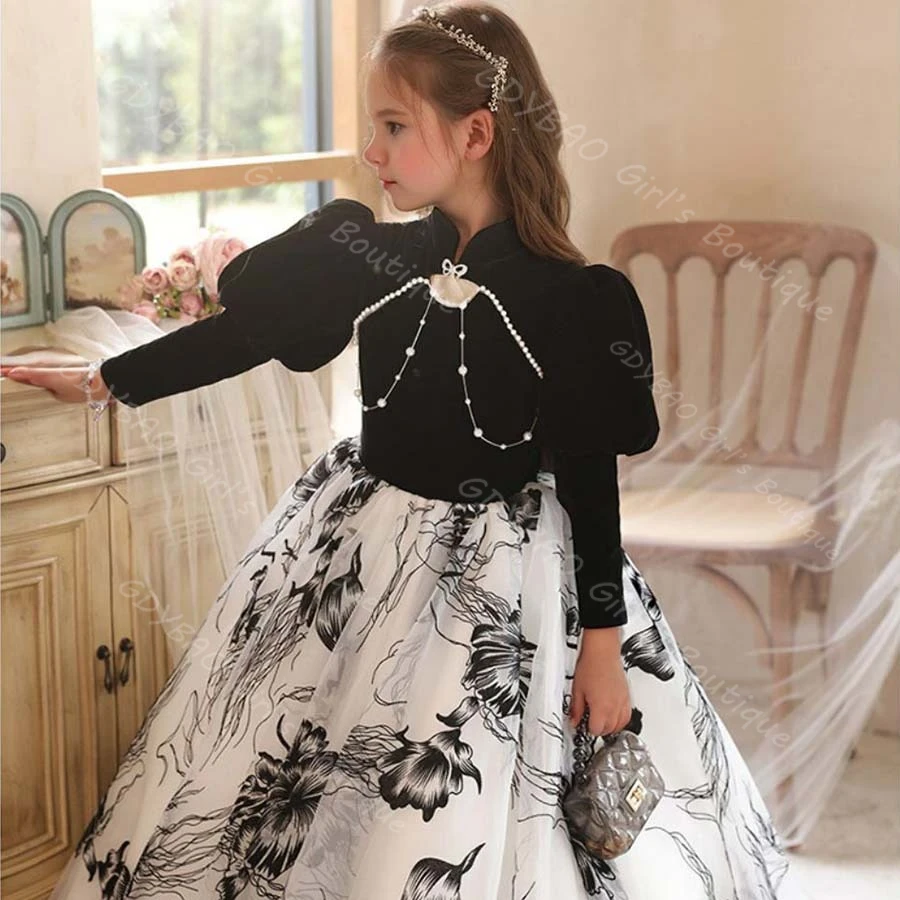 맞춤형 꽃무늬 프린트 플라워 걸 드레스 하이넥 풀 슬리브 A라인/프린세스 플로어 길이 어린이 파티 드레스 비딩 장식