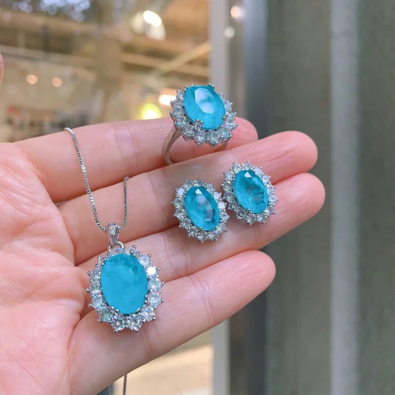 

Jewelry European and American Paraiba Blue Jewelry Set Main Stone Pendant 10*14 10*14 Earrings 8*12