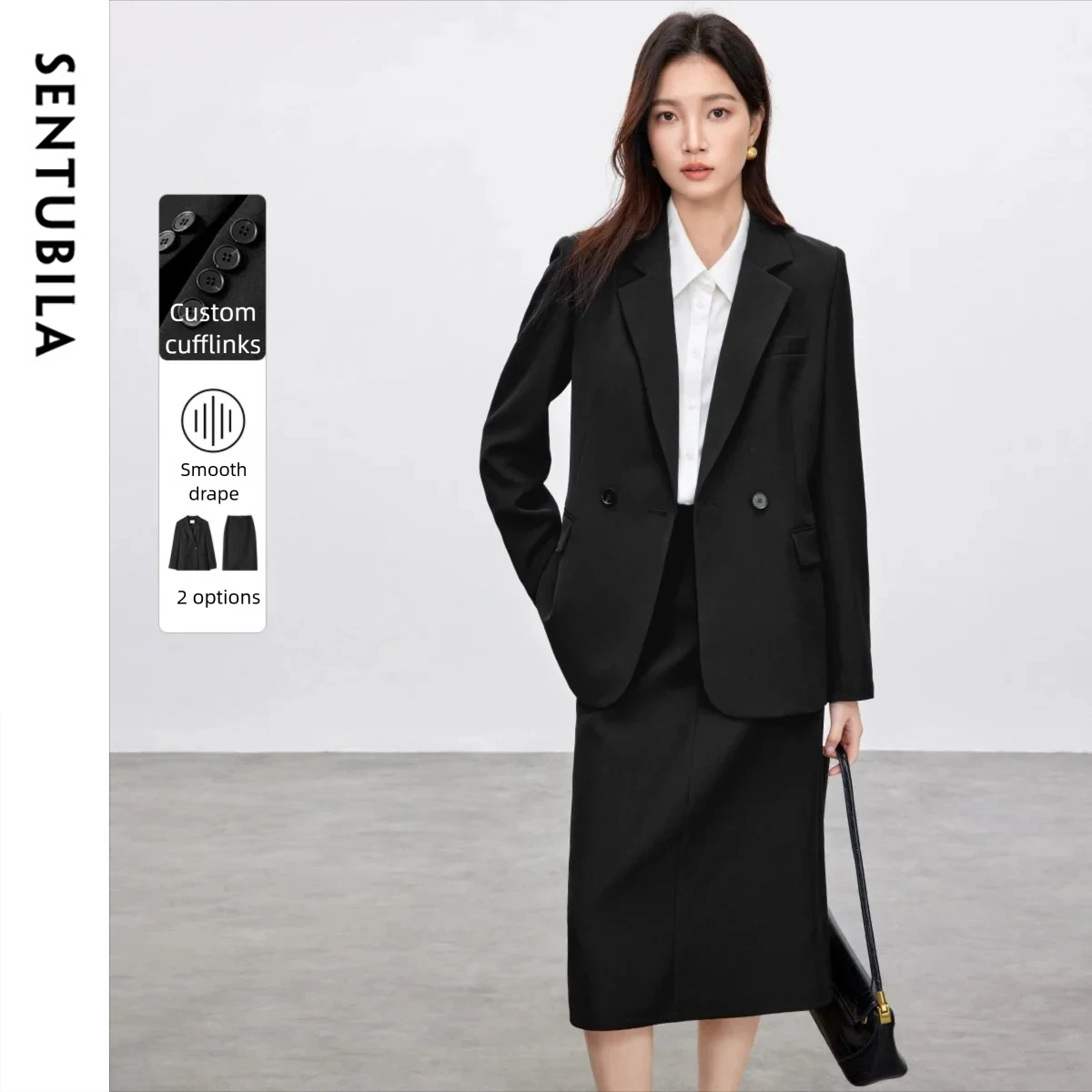 

SENTUBILA черный офисный пиджак, женская одежда, осень 2025 года, пиджаки с длинными рукавами, комплекты с прямой юбкой, женские 151Z80059Z
