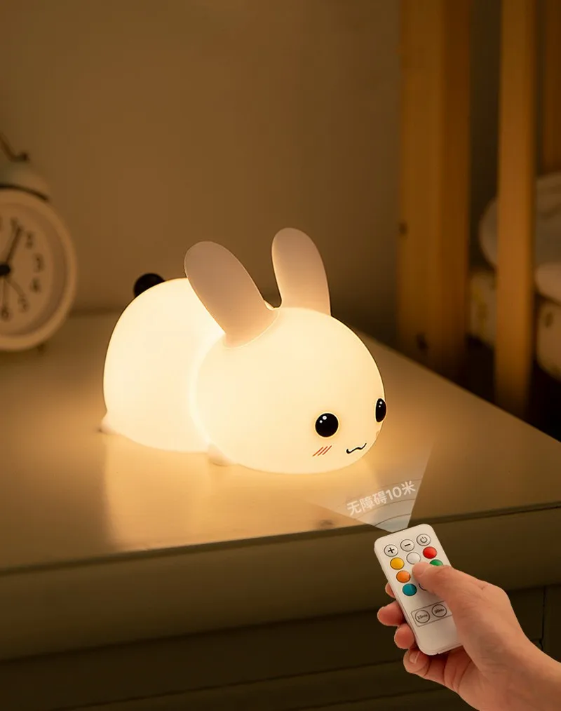 LED Rabbit Night Light Remote Control Dimmable RGB Rechargeable Silicone Bunny Lamp for Children Baby Toy Gift Touch Sensor
