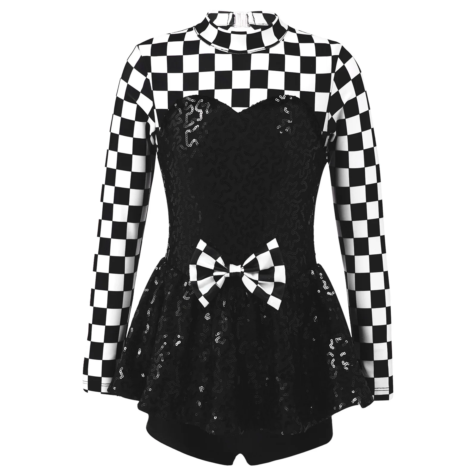 Kids Girls Racer Dance Costume Long Sleeve Sequin Checkerboard Printed Bowknot Bodysuit Dress for Halloween Cosplay Performance