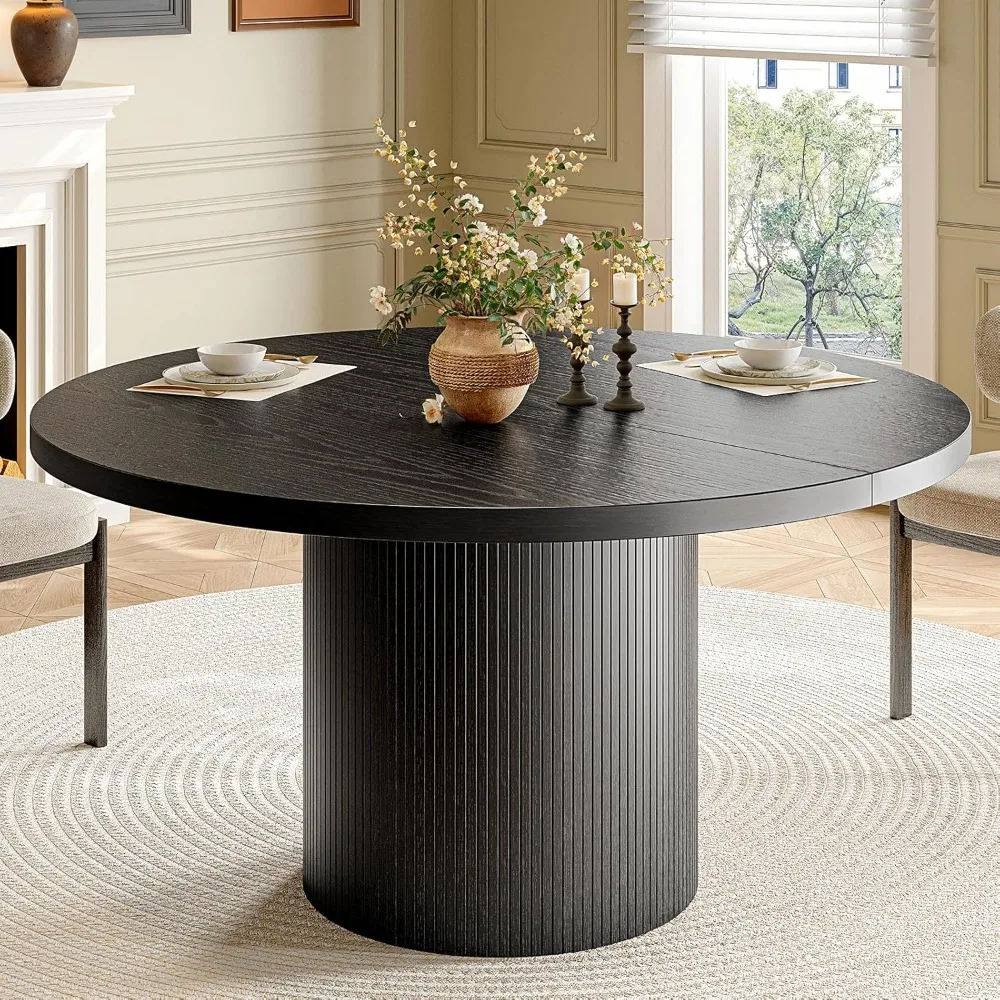 

47 inch Round Dining Table for 4, Circle Kitchen Table with Wood Strip Base, Modern Farmhouse Dinner Tables for Kitchen, Living