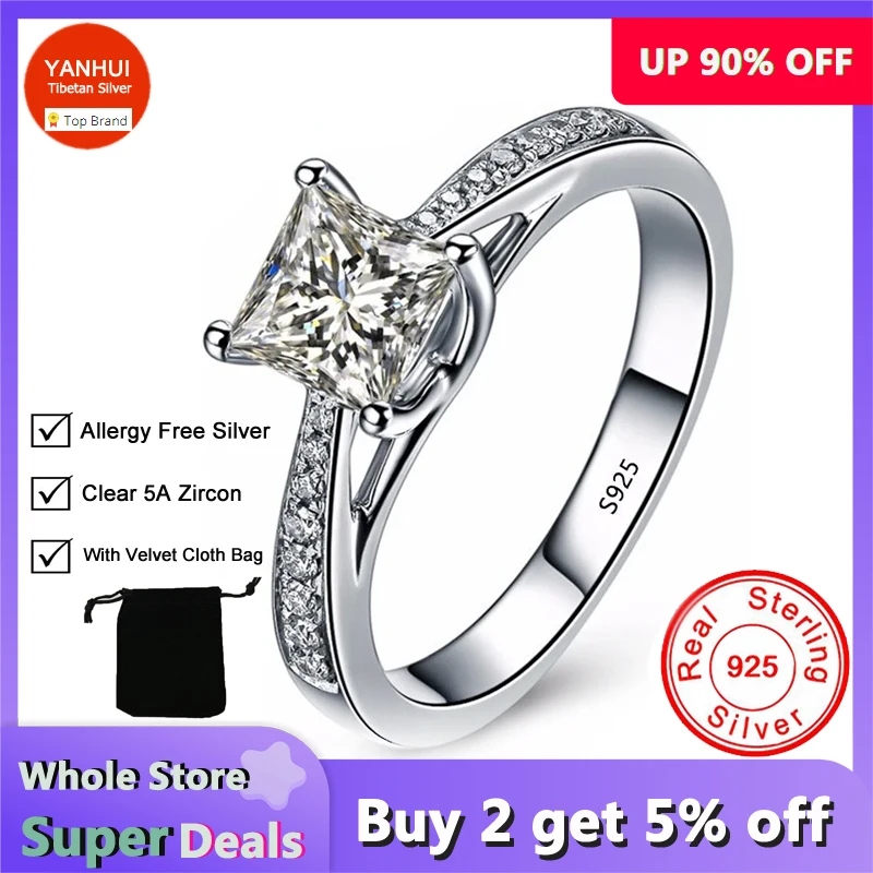 Luxury 925 Sterling Silver Ring Square Princess Cut Clear Zircon Engagement Wedding Band Rings For Women Gift Jewelry