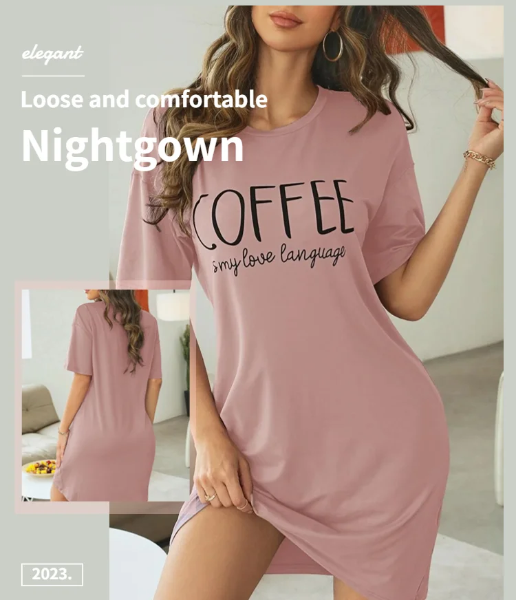 Damen-Nachthemd, Sommer, kurzärmelig, Schlafshirt, Rundhalsausschnitt, T-Shirt-Kleid, weiches Nachthemd, Heimkleidung, Nachtwäsche und Loungewear – Detail 1