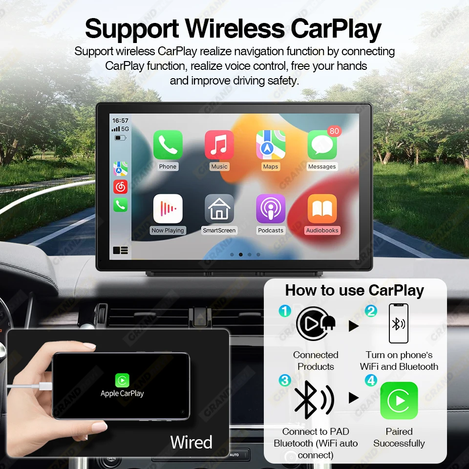 GrandNavi Universal 9 Inch Car Stereo Car Radio with Apple Carplay and Android Auto,Touch Screen Bluetooth Car Audio Portable