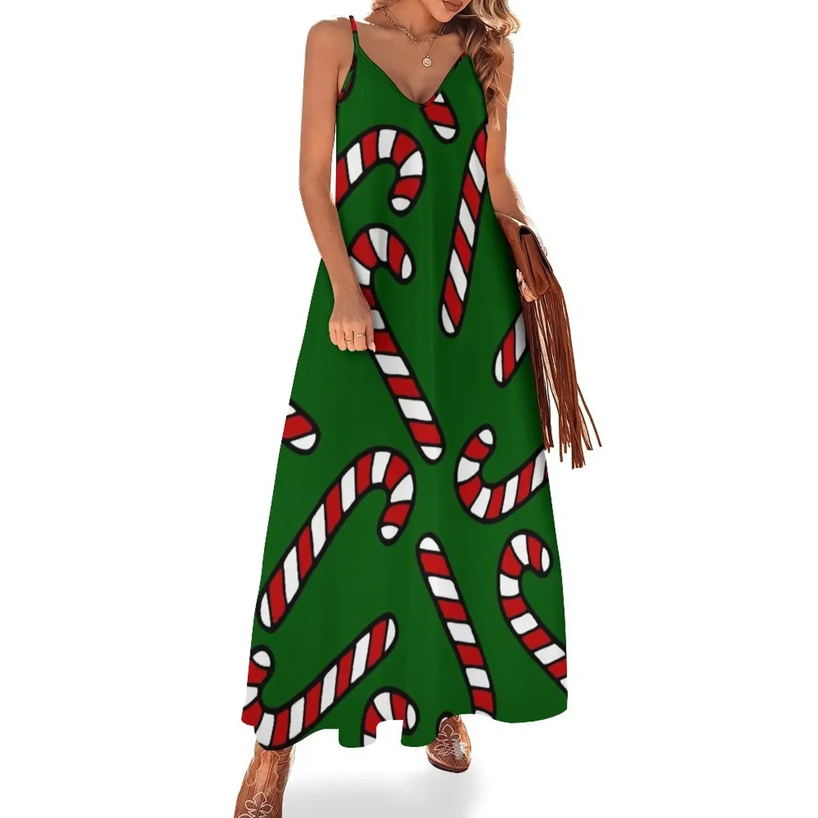 Candy Cane Pattern Dark Green Sleeveless Dress party dresses woman Long dress Dress