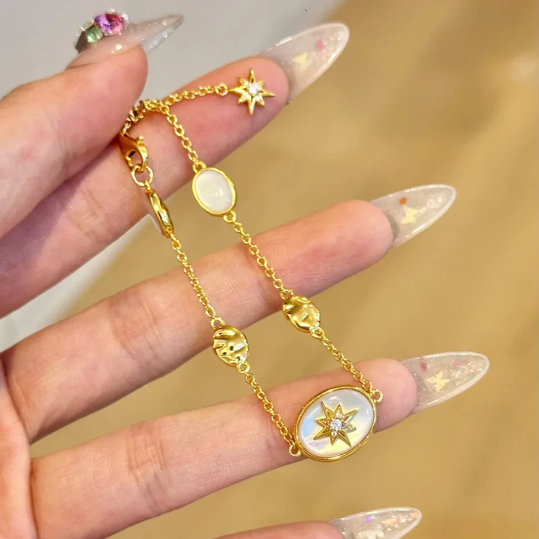 Middle Aged Money Wind 925 Silver Natural Fritillaria Star Necklace Light Luxury Simple Shell Lucky Star Bracelet Set
