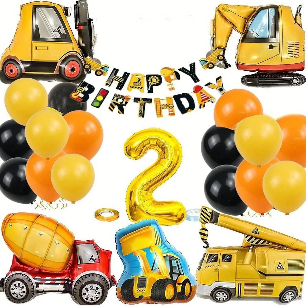 22Pcs Excavator, Tractor Engineering Vehicle Balloon Number 1~9 Balloons  Engineering Vehicle Flag Birthday Banner Decoration