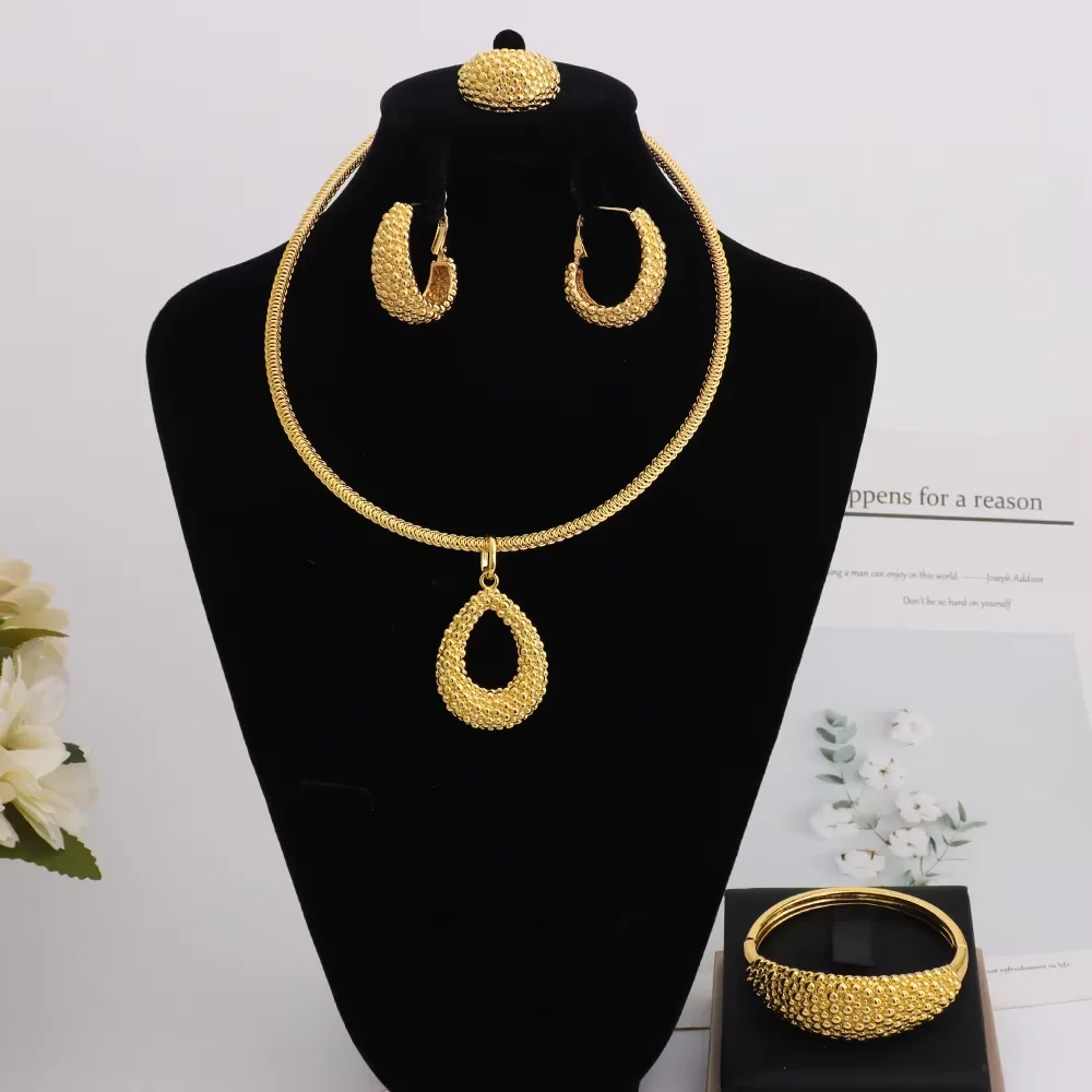 

Africa Fashion Gold Plated Bangle Ring Earrings Necklace for Women Arab Multiple Beads Design Wedding Party Easter Jewelry Gift