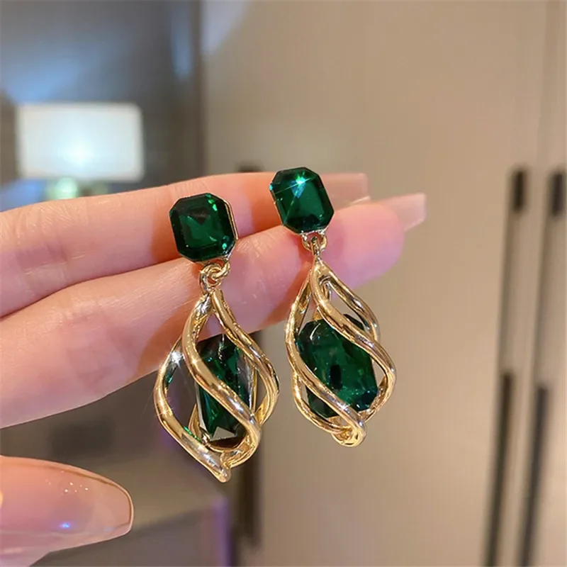 Korean Fashion Emerald Crystal Dangle Earrings for Women Trendy Gold Color Hollow Stud Earring Birthday Gifts Pendientes Mujer