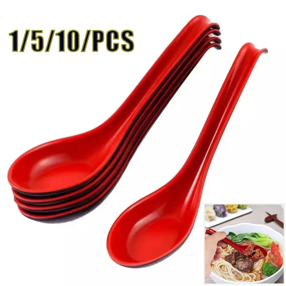 1/5/10pcs Bicolor Soup Spoon Drop-resistant Anti-Shock Rice Spoons Melamine Heat-resistant Long Handle Spoon Restaurant Use