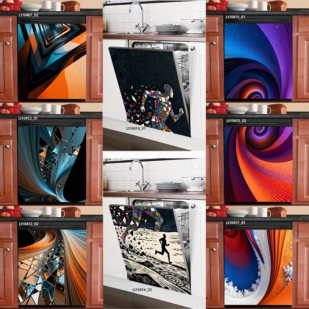 Abstract Geometric Vortex Dishwasher Cover, Orange Blue Swirl & Fractal Art, Waterproof Removable Decor