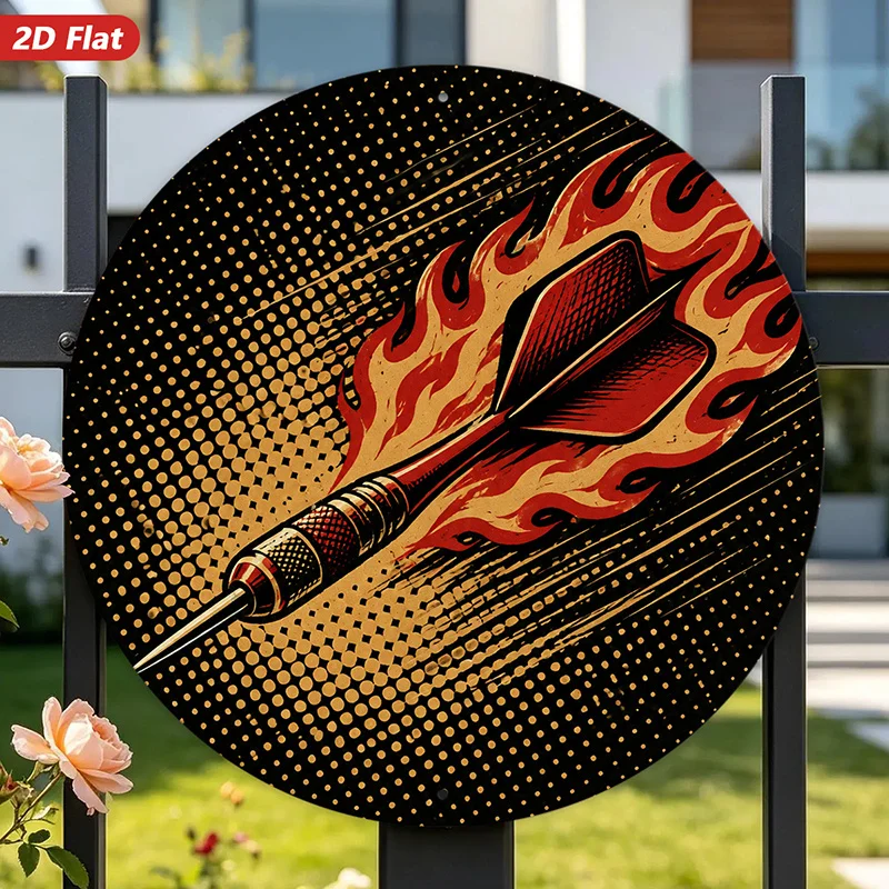 2D Flat, 1pc Retro Flaming Dart Round Metal Sign Wall Art, Dart Surrounded by Flames, Black And Golden Halftone Burst, Suitable
