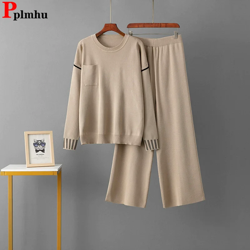 

Повседневные свободные вязаные комплекты из 2 предметов, женский свитер с круглым вырезом и длинными рукавами, пуловеры, топы, Conjuntos, корейские прямые брюки с высокой талией, наряд