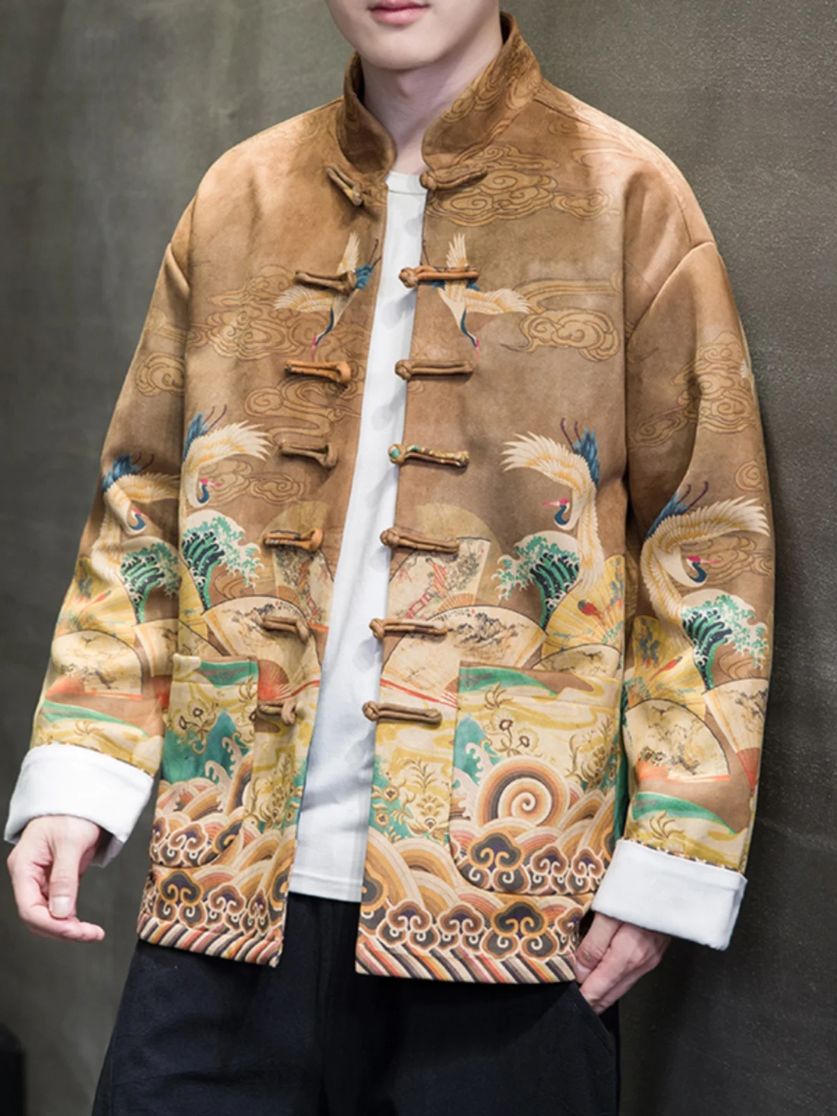 

Retro Deer Skin Velvet Jaet Autumn Faion Men's Clothing Large Size Buttoned Tang Suit Crane Cloud Print Hanfu Outerwear