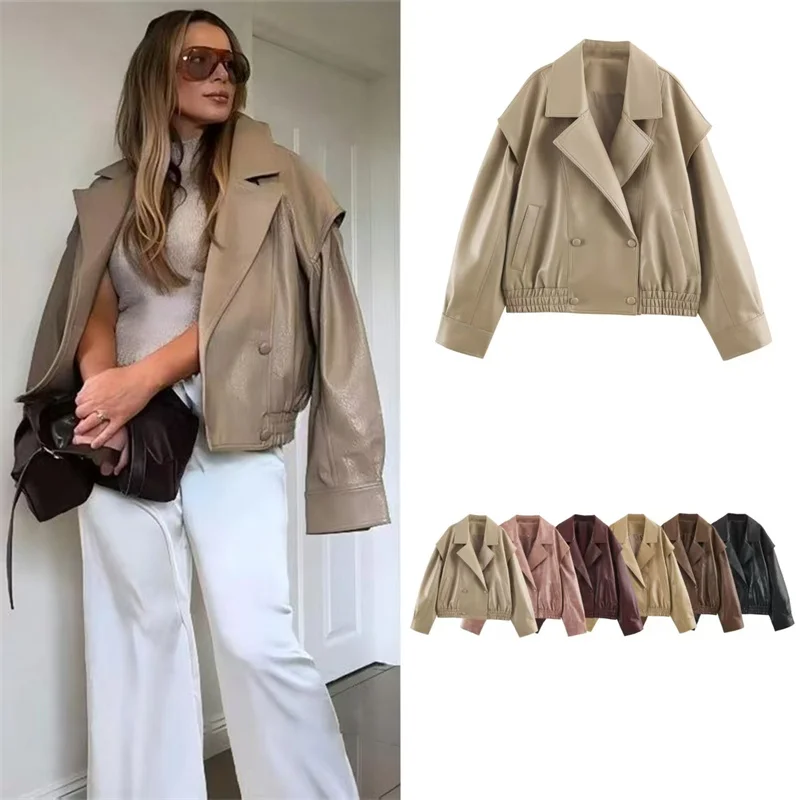 Guobioziy Women's Jacket 2026 Fall/Winter New Arrival Long-Sleeve Faux Leather Loose Motorcycle Biker Jacket Parka Stylish
