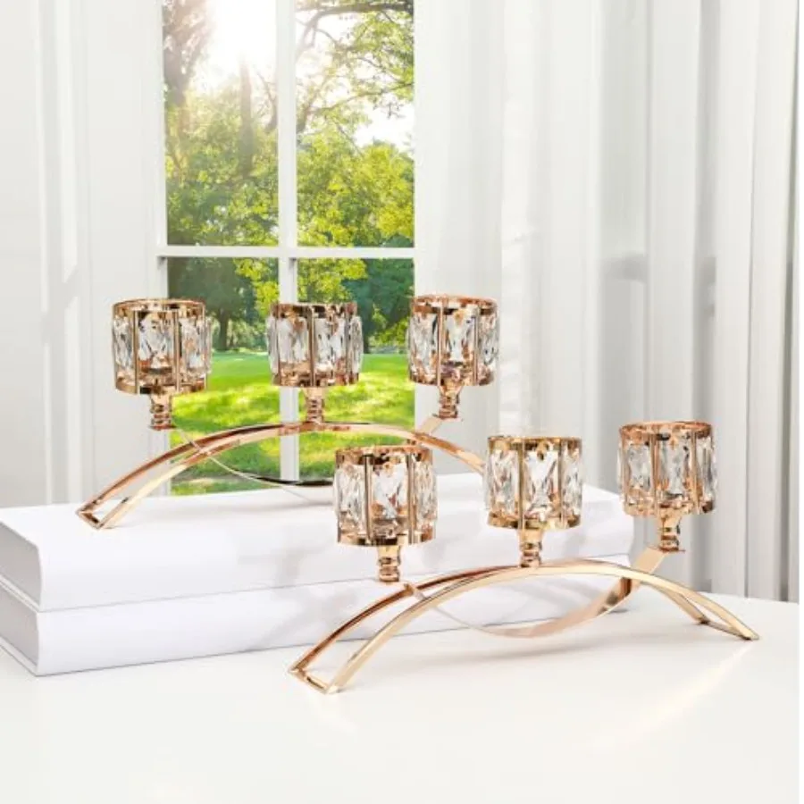 Dining room, wedding, cabinet ornaments, home, anniversary party decor: gold crystal 4-set 3-arm candle holders with crystal bo