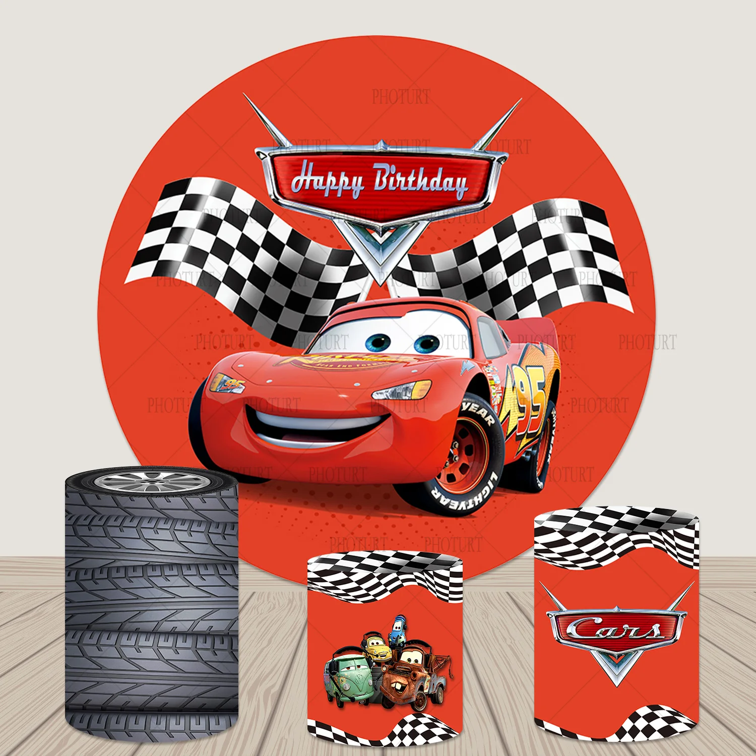 

Round Disney Cars McQueen Background Birthday Party Baby Shower Photography Banner Circle Cylinder Backdrop Decoration Props