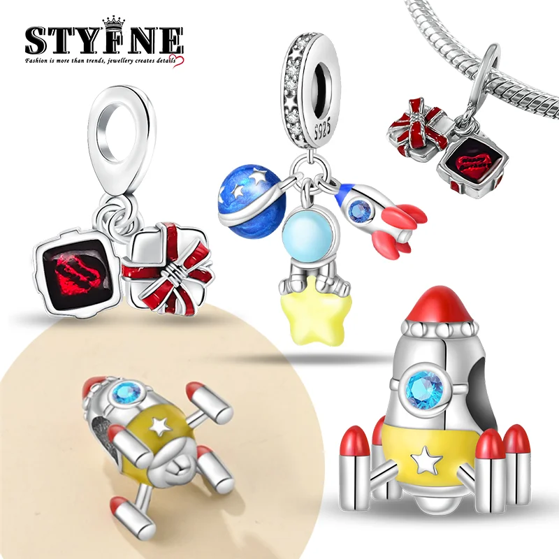 

925 Sterling Silver Cross Rocket, Red Gift Box Pendant Charm Original Bracelet Fit Women Jewelry Beads DIY Fine Gifts Accessor