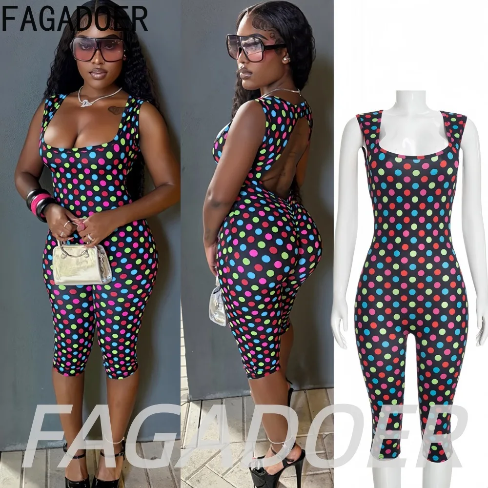 FAGADOER Retro Polka Dot Print Rompers Women Trend Back Hollow Out Off Shoulder Bodycon One Piece Jumpsuits Holiday Streetwear