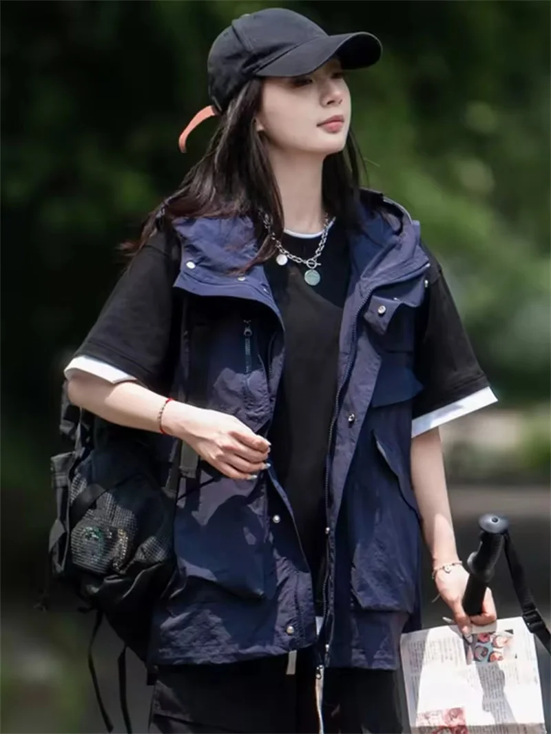 Roupa de trabalho ao ar livre colete fino grande bolso montanhismo sem mangas jaqueta verão das mulheres dos homens com zíper colete com capuz