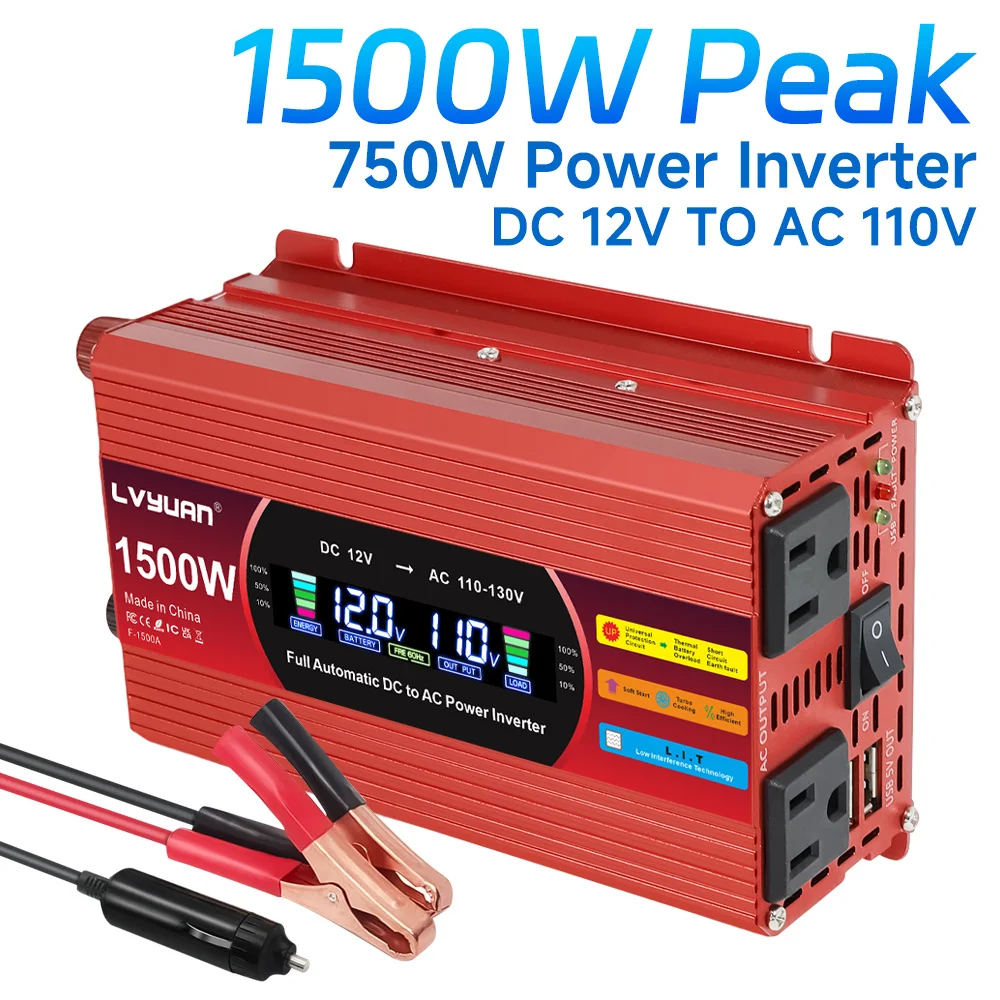 

1500W (Peak) Car Power Inverter DC 12V to 110V/120V AC Converter with LCD Display Dual AC Outlets and Dual USB Car Charger